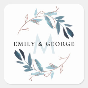 STICKER CARRÉ ROSE GOLD BLUE FOLIAGE MONOGRAM WREATT MARIAGE