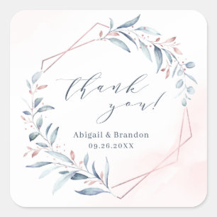 Sticker Carré Rose Gold Dusty Blue Greenery Merci géométrique