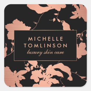 Sticker Carré Rose Gold Élégant Motif Floral Noir