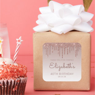 Sticker Carré Rose Gold Glitter Drip 40e Anniversaire Remercieme