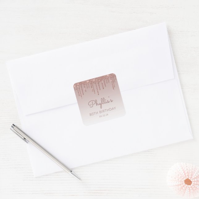 Sticker Carré Rose Gold Glitter Drip 80e Anniversaire (Enveloppe)