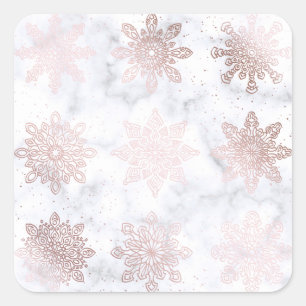 Sticker Carré Rose Gold & Marble Snowflake Motif de Noël
