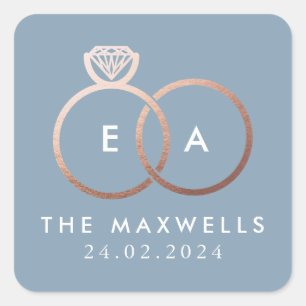 Sticker Carré Rose Gold Mariage anneau Monogramme Nom Date Bleu