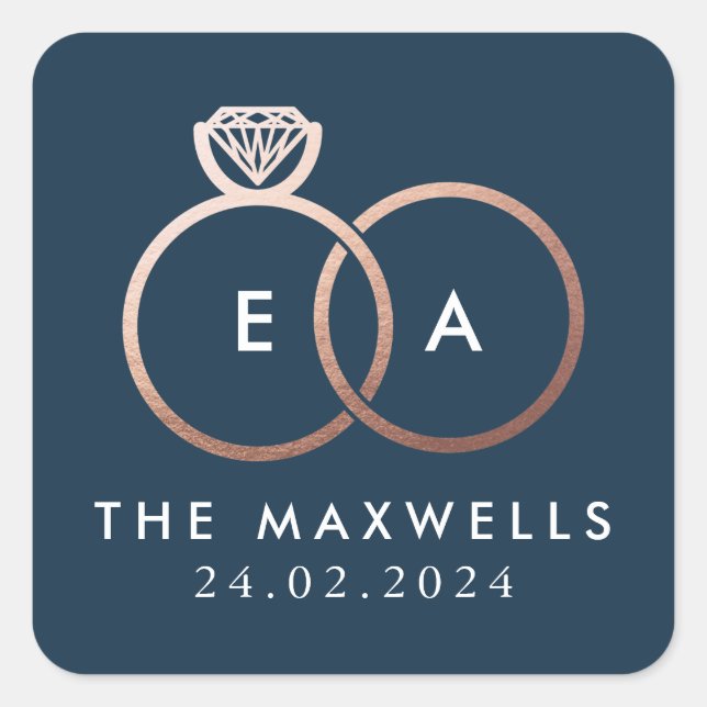 Sticker Carré Rose Gold Mariage anneau Monogramme Nom Date Marin (Devant)