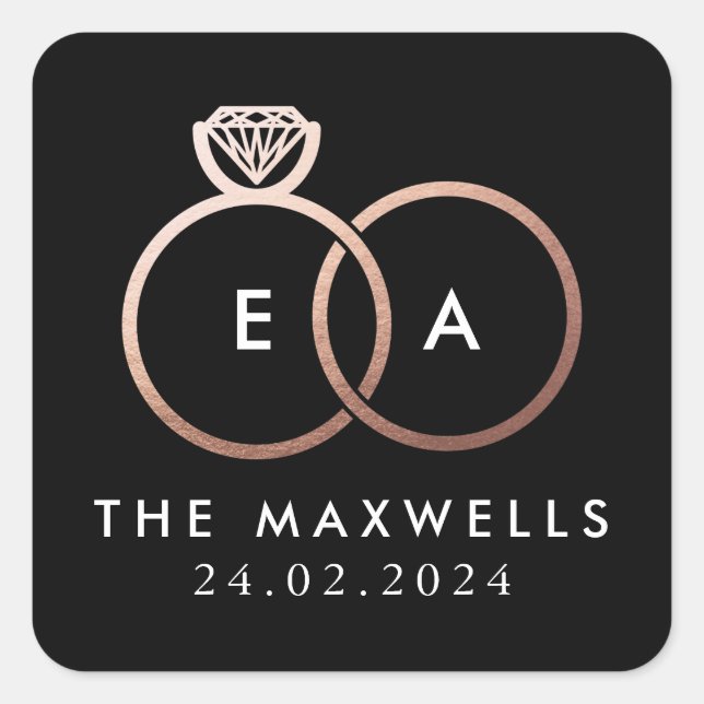 Sticker Carré Rose Gold Mariage anneau Monogramme Nom Date Noir (Devant)