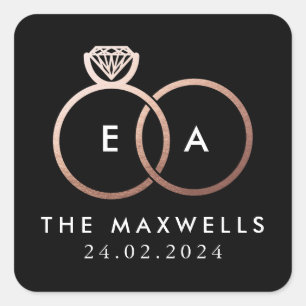 Sticker Carré Rose Gold Mariage anneau Monogramme Nom Date Noir