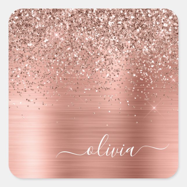 Sticker Carré Rose Gold Métal Brossé Paillettes Monogramme Rose (Devant)