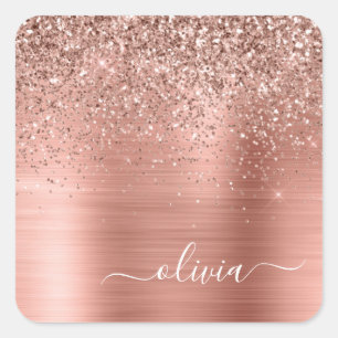 Sticker Carré Rose Gold Métal Brossé Paillettes Monogramme Rose