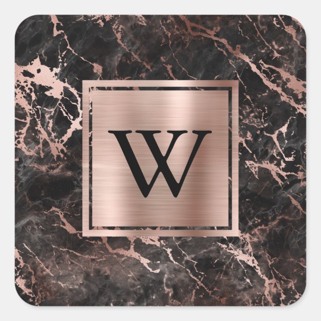 Sticker Carré Rose Gold Monogramme Marbre Noir Moderne (Devant)