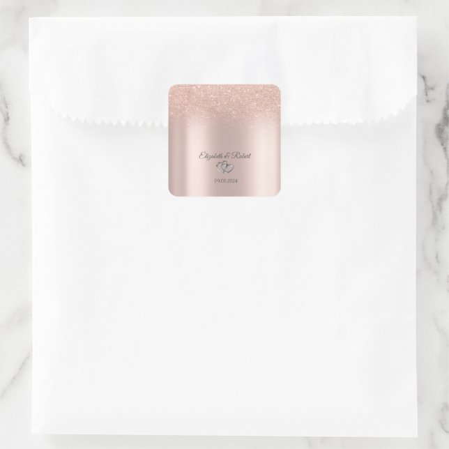 Sticker Carré Rose Gold Pailleté Élégant Bokeh Cœurs (Sac)
