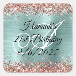 Sticker Carré Rose Gold Pailleté Monogramme Anniversaire 21 Ans