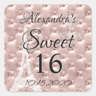 Sticker Carré Rose Gold Paris Sweet sixteen fête d'anniversaire