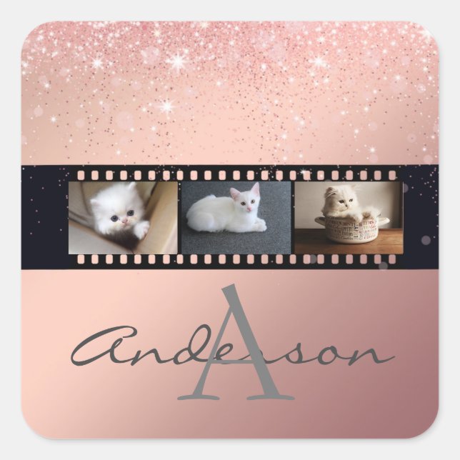 Sticker Carré Rose Gold Parties scintillant 3 Photo Film Strip C (Devant)