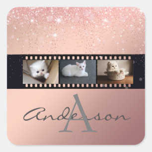 Sticker Carré Rose Gold Parties scintillant 3 Photo Film Strip C
