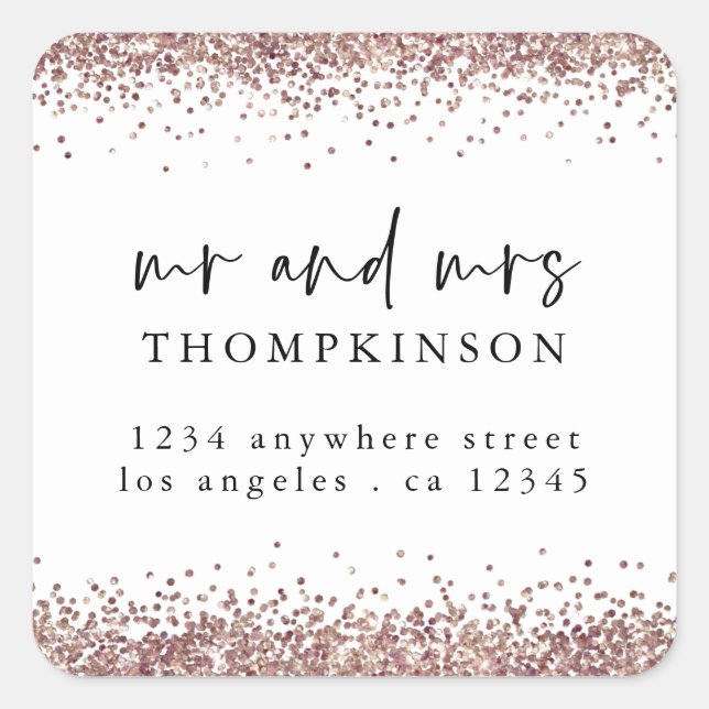 Sticker Carré Rose Gold Parties scintillant M. Mme Nom Retour Ad (Devant)