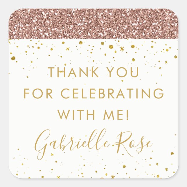 Sticker Carré Rose Gold Parties scintillant Merci Favoriser Étiq (Devant)