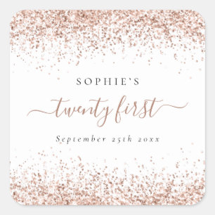 Sticker Carré Rose Gold Parties scintillant Nom Date Vingt et un