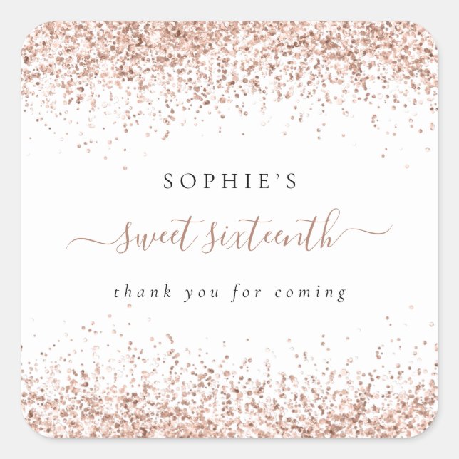 Sticker Carré Rose Gold Parties scintillant Nom Sweet 16 Anniver (Devant)