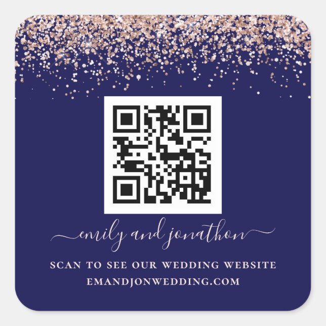 Sticker Carré Rose Gold Parties scintillant QR Code Mariage Site (Devant)