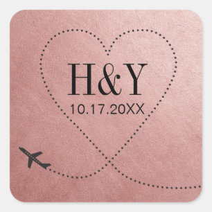 Sticker Carré Rose Gold Rose Voyage Mariage avion Monogramme
