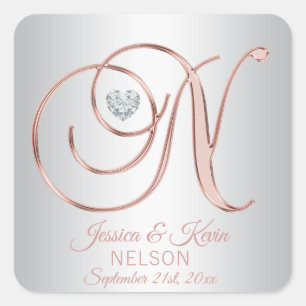 Sticker Carré Rose Gold Silver Grey Monogramme Mariage de coeur