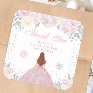 Sticker Carré Rose Hiver Cheveux Bruns Princesse Seize Ans Douce
