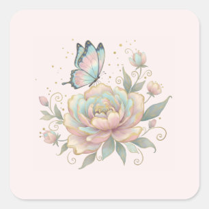 Sticker Carré Rose Magique et Papillon Couleurs Pastel