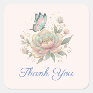 Sticker Carré Rose Magique et Papillon Couleurs Pastel Merci