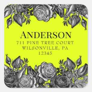 Sticker Carré Rose noir Lime Green Mariage Adresse de retour