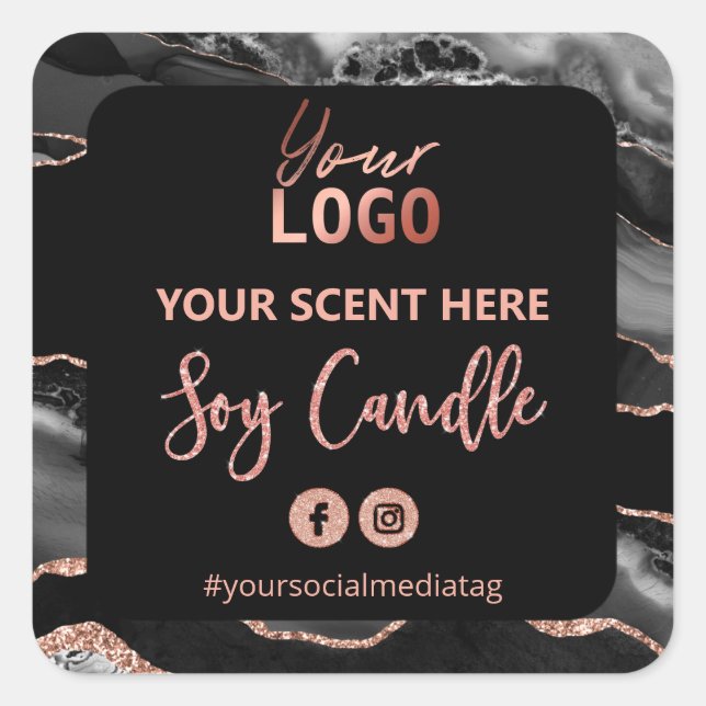 Sticker Carré Rose noir Parties scintillant or Agate Soy Candle  (Devant)