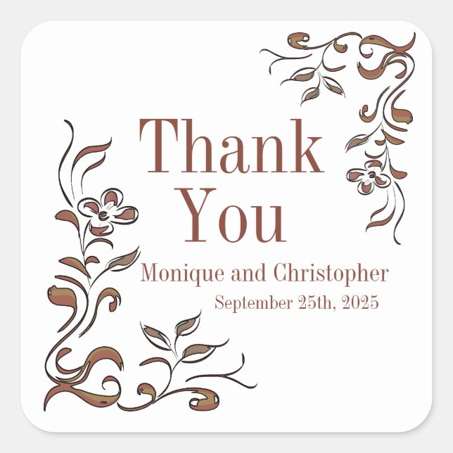 Sticker Carré Rose or cuivre Floral Mariage blanc (Devant)