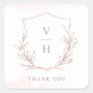 Sticker Carré Rose or simple crête botanique monogramme mariage