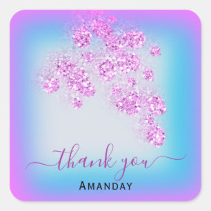 Sticker Carré Rose Pailleté Bleu Merci Nom Douce 16e