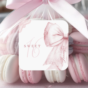 Sticker Carré Rose Pâle Arc Bow Anniversaire 16 Ans