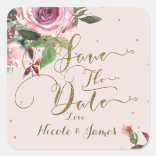 Sticker Carré Rose Pâle Doré Moderne Floral Faire-Part de Date d