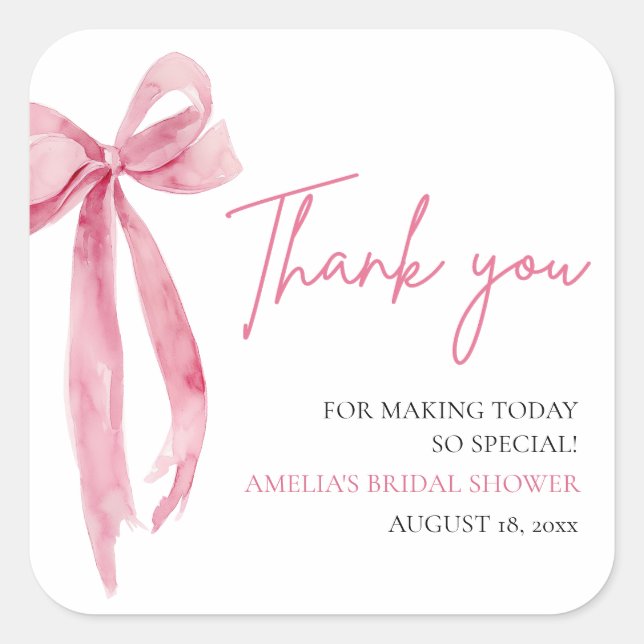 Sticker Carré Rose Pâle Ruban Elle Attache le Nœud Mariage Cérém (Devant)