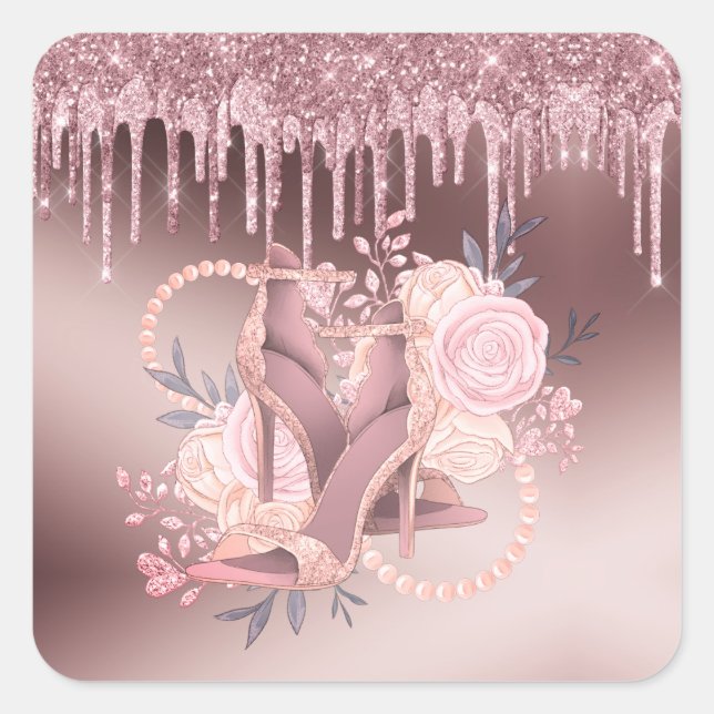 Sticker Carré Rose Parties scintillant or  retraite surprise (Devant)