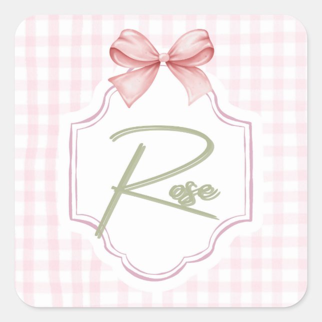 Sticker Carré Rose personnalisé Baby Girl Nursery Bow&En vichy (Devant)