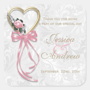 Sticker Carré Rose Romantique, Cœur d'Or et Ruban Rose