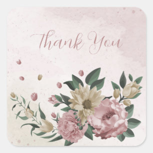 Sticker Carré rose romantique & fleurs de champagne merci