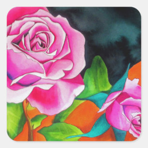 Sticker Carré Rose rose avec aquarelle orange