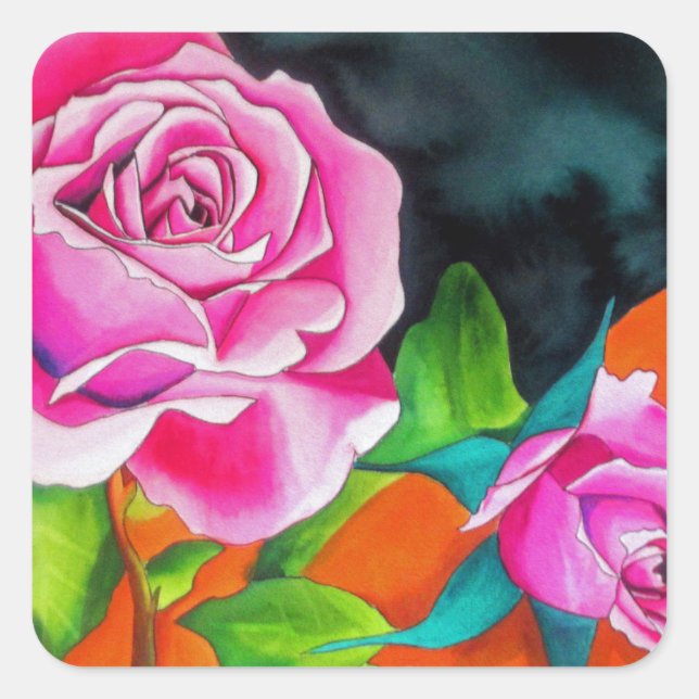 Sticker Carré Rose rose avec aquarelle orange (Devant)