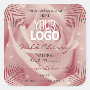 Sticker Carré Rose Rose Burgundy Palm Feuille Produit Logo Étiqu