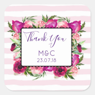 Sticker Carré Rose rose & Poppy Floral Bouquet Mariage Merci