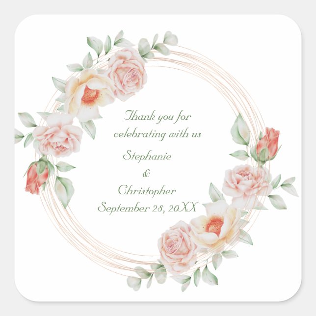 Sticker Carré Rose rose vert rose Floral or cadre Mariage (Devant)