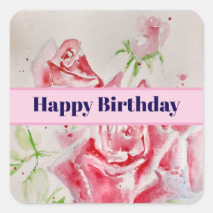 Sticker Carré Rose rouge Aquarelle Rose Joyeux anniversaire