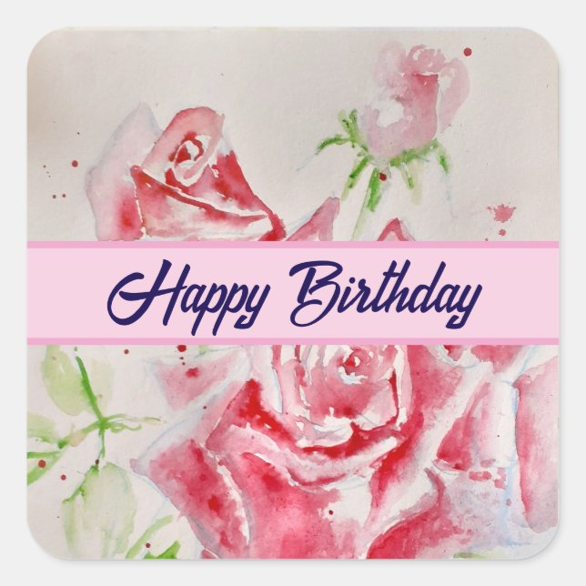 Sticker Carré Rose rouge Aquarelle Roses heureux Anniversaire Ca (Devant)