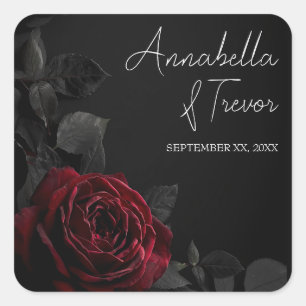 Sticker Carré Rose Rouge sur Fleurs Noires Moody Nom Personnalis
