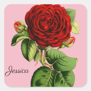 Sticker Carré Rose rouge vintage avec votre nom