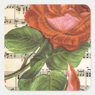 Sticker Carré Rose rouge vintage et musique